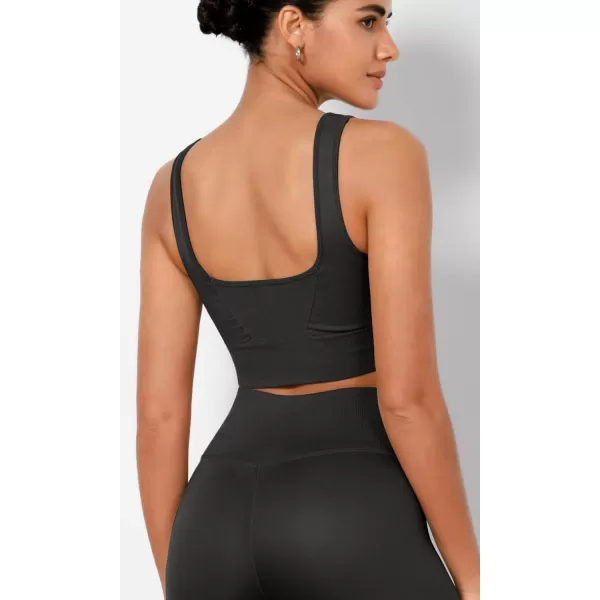 ODODOS Seamless Square Neck Sports Bra for Women Ribbed Crop Tank Casual Low Back Cropped TopsOnyx Black