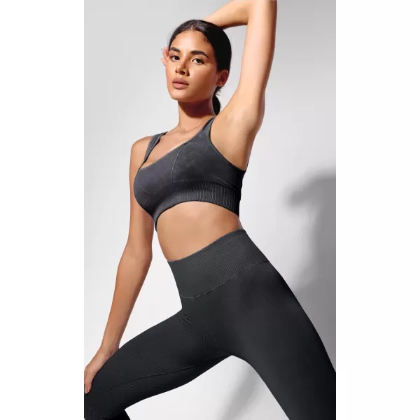 ODODOS Seamless Square Neck Sports Bra for Women Ribbed Crop Tank Casual Low Back Cropped TopsStone Washing Black