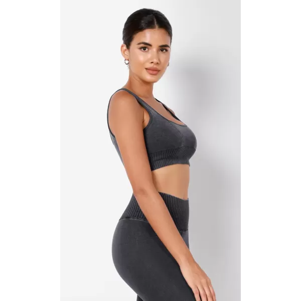 ODODOS Seamless Square Neck Sports Bra for Women Ribbed Crop Tank Casual Low Back Cropped TopsStone Washing Black