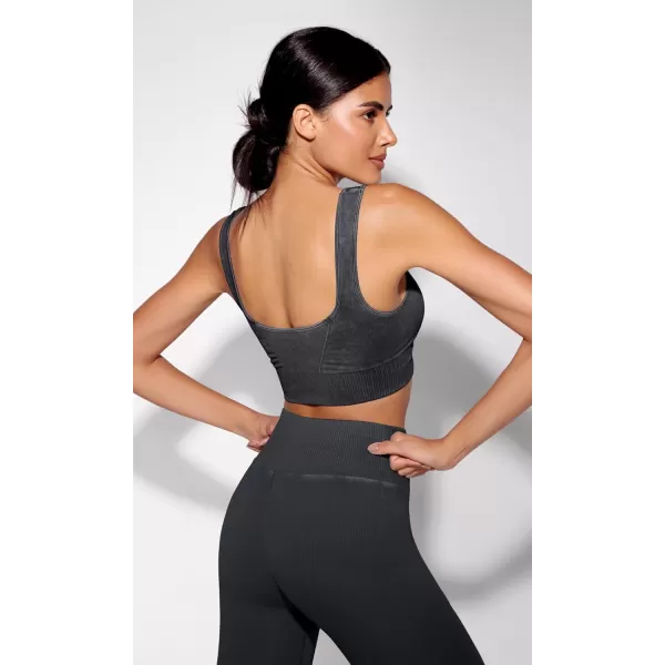 ODODOS Seamless Square Neck Sports Bra for Women Ribbed Crop Tank Casual Low Back Cropped TopsStone Washing Black