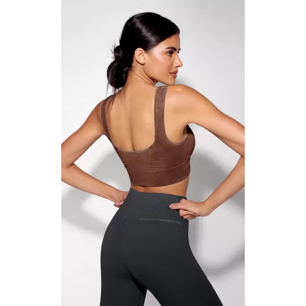 ODODOS Seamless Square Neck Sports Bra for Women Ribbed Crop Tank Casual Low Back Cropped TopsStone Washing Brown