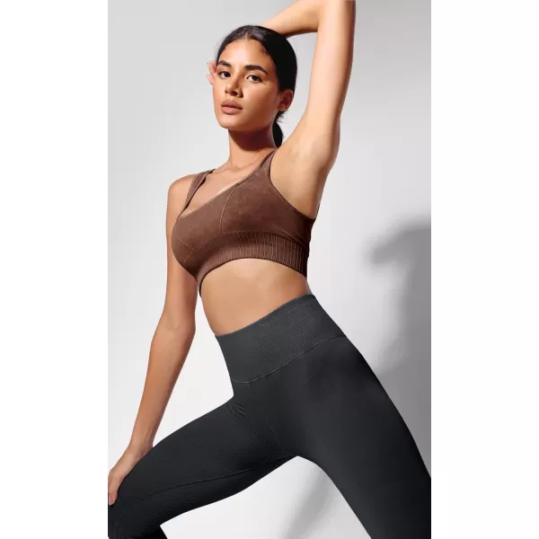 ODODOS Seamless Square Neck Sports Bra for Women Ribbed Crop Tank Casual Low Back Cropped TopsStone Washing Brown