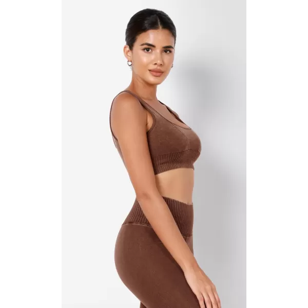 ODODOS Seamless Square Neck Sports Bra for Women Ribbed Crop Tank Casual Low Back Cropped TopsStone Washing Brown