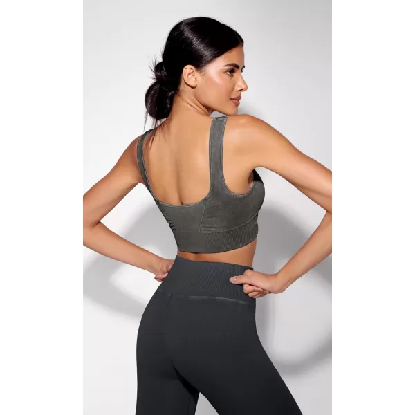 ODODOS Seamless Square Neck Sports Bra for Women Ribbed Crop Tank Casual Low Back Cropped TopsStone Washing Charcoal
