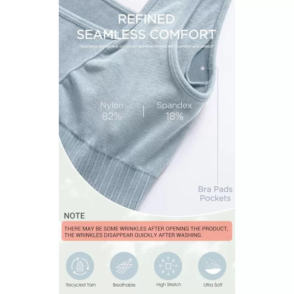 ODODOS Seamless Square Neck Sports Bra for Women Ribbed Crop Tank Casual Low Back Cropped TopsStone Washing Coast Line