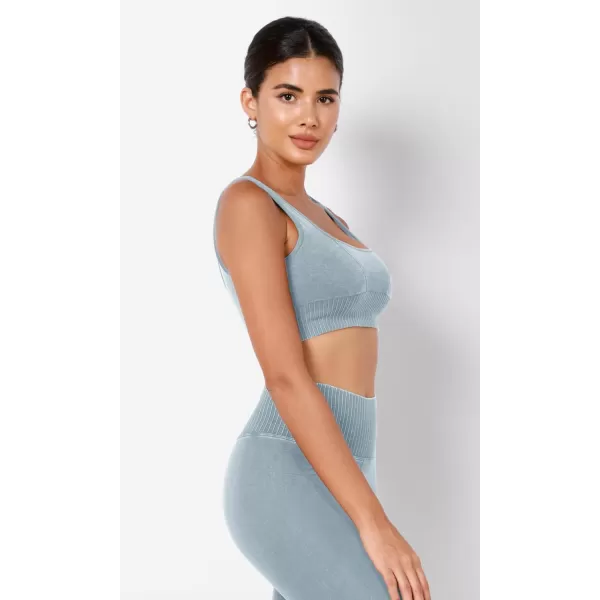 ODODOS Seamless Square Neck Sports Bra for Women Ribbed Crop Tank Casual Low Back Cropped TopsStone Washing Coast Line