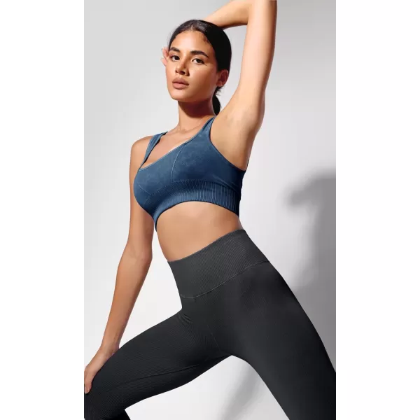ODODOS Seamless Square Neck Sports Bra for Women Ribbed Crop Tank Casual Low Back Cropped TopsStone Washing Cobalt Blue