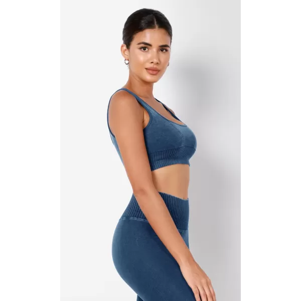ODODOS Seamless Square Neck Sports Bra for Women Ribbed Crop Tank Casual Low Back Cropped TopsStone Washing Cobalt Blue