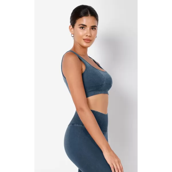ODODOS Seamless Square Neck Sports Bra for Women Ribbed Crop Tank Casual Low Back Cropped TopsStone Washing Denim Blue