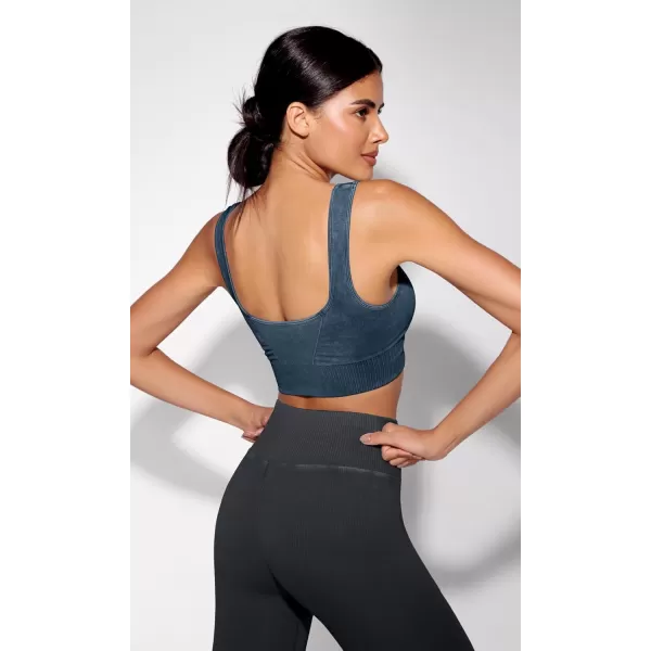 ODODOS Seamless Square Neck Sports Bra for Women Ribbed Crop Tank Casual Low Back Cropped TopsStone Washing Denim Blue
