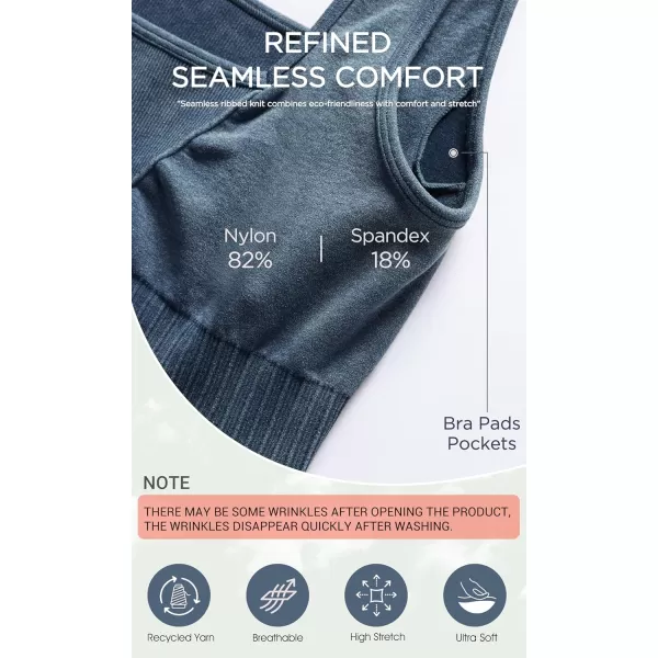 ODODOS Seamless Square Neck Sports Bra for Women Ribbed Crop Tank Casual Low Back Cropped TopsStone Washing Denim Blue