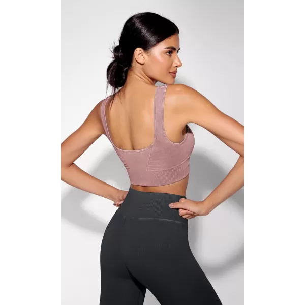 ODODOS Seamless Square Neck Sports Bra for Women Ribbed Crop Tank Casual Low Back Cropped TopsStone Washing Dusty Rose