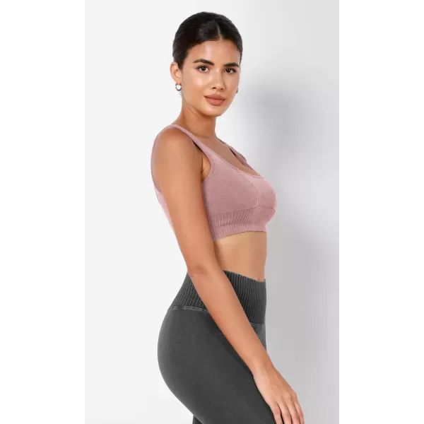 ODODOS Seamless Square Neck Sports Bra for Women Ribbed Crop Tank Casual Low Back Cropped TopsStone Washing Dusty Rose