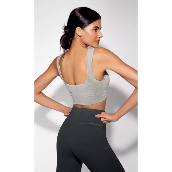 ODODOS Seamless Square Neck Sports Bra for Women Ribbed Crop Tank Casual Low Back Cropped TopsStone Washing Grey
