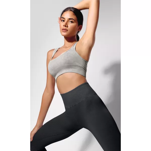 ODODOS Seamless Square Neck Sports Bra for Women Ribbed Crop Tank Casual Low Back Cropped TopsStone Washing Grey