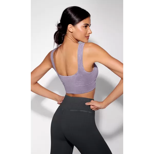 ODODOS Seamless Square Neck Sports Bra for Women Ribbed Crop Tank Casual Low Back Cropped TopsStone Washing Lavender