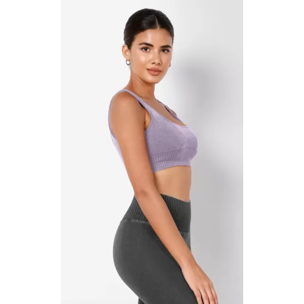 ODODOS Seamless Square Neck Sports Bra for Women Ribbed Crop Tank Casual Low Back Cropped TopsStone Washing Lavender