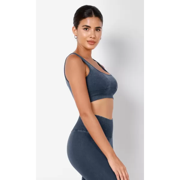 ODODOS Seamless Square Neck Sports Bra for Women Ribbed Crop Tank Casual Low Back Cropped TopsStone Washing Navy