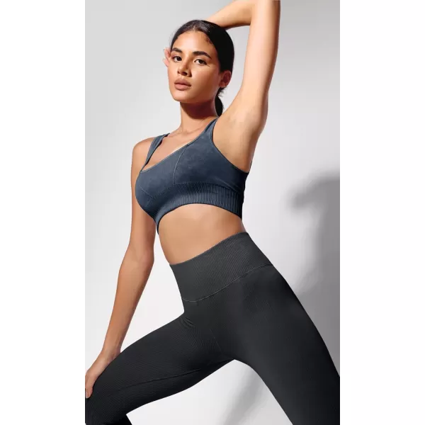 ODODOS Seamless Square Neck Sports Bra for Women Ribbed Crop Tank Casual Low Back Cropped TopsStone Washing Navy