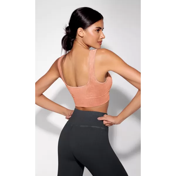 ODODOS Seamless Square Neck Sports Bra for Women Ribbed Crop Tank Casual Low Back Cropped TopsStone Washing Orange