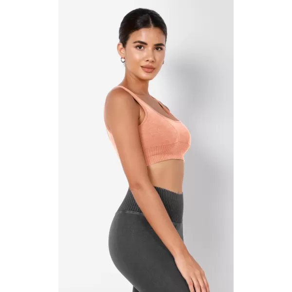 ODODOS Seamless Square Neck Sports Bra for Women Ribbed Crop Tank Casual Low Back Cropped TopsStone Washing Orange