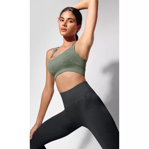 ODODOS Seamless Square Neck Sports Bra for Women Ribbed Crop Tank Casual Low Back Cropped TopsStone Washing Sage Green