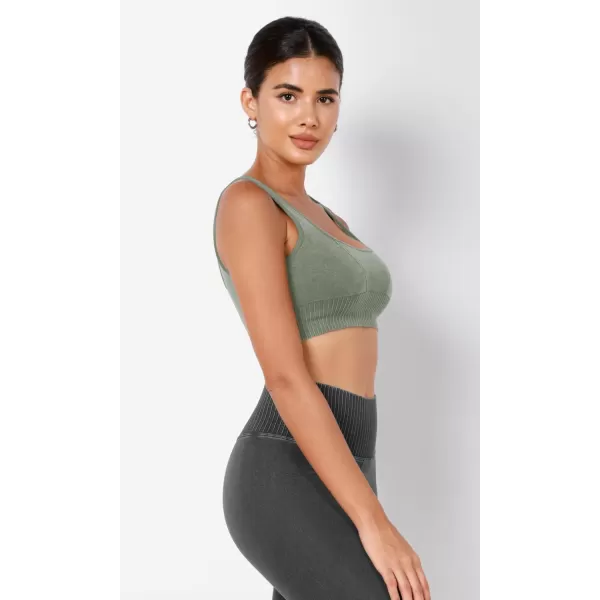 ODODOS Seamless Square Neck Sports Bra for Women Ribbed Crop Tank Casual Low Back Cropped TopsStone Washing Sage Green