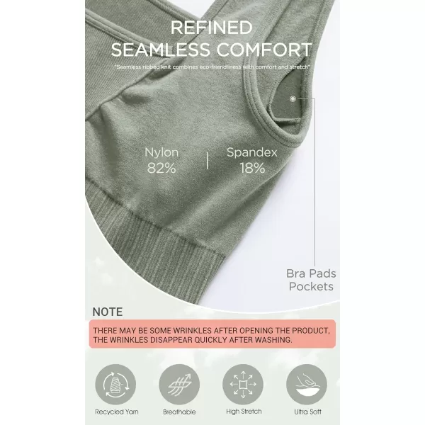 ODODOS Seamless Square Neck Sports Bra for Women Ribbed Crop Tank Casual Low Back Cropped TopsStone Washing Sage Green