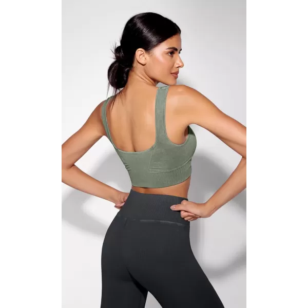 ODODOS Seamless Square Neck Sports Bra for Women Ribbed Crop Tank Casual Low Back Cropped TopsStone Washing Sage Green