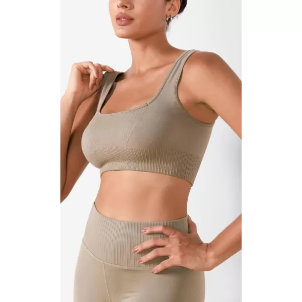ODODOS Seamless Square Neck Sports Bra for Women Ribbed Crop Tank Casual Low Back Cropped TopsTaupe