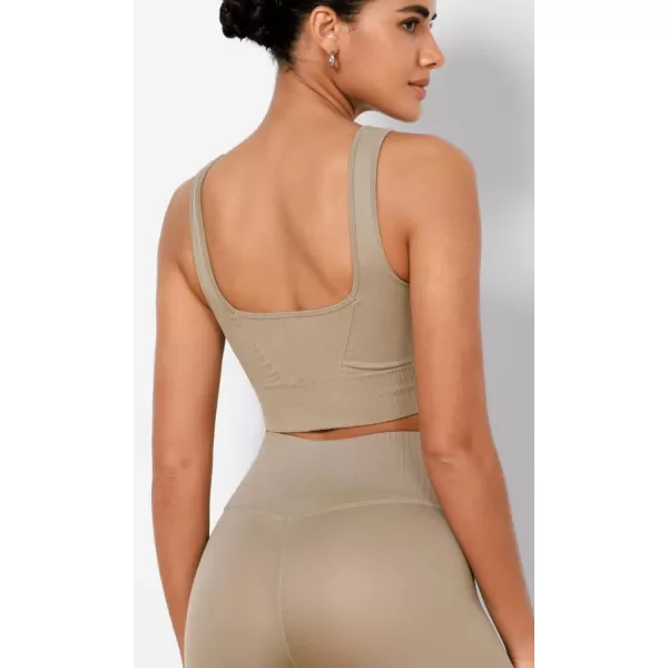 ODODOS Seamless Square Neck Sports Bra for Women Ribbed Crop Tank Casual Low Back Cropped TopsTaupe