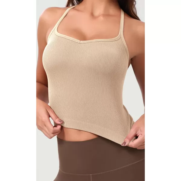 ODODOS Seamless Sweetheart Neck Crop Tank for Women Ribbed Strappy Racerback Cropped Cami TopsBeige