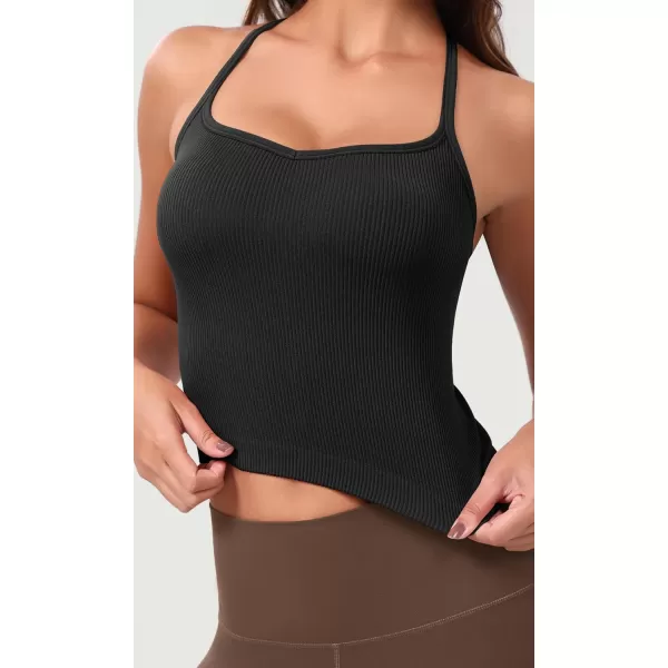 ODODOS Seamless Sweetheart Neck Crop Tank for Women Ribbed Strappy Racerback Cropped Cami TopsBlack