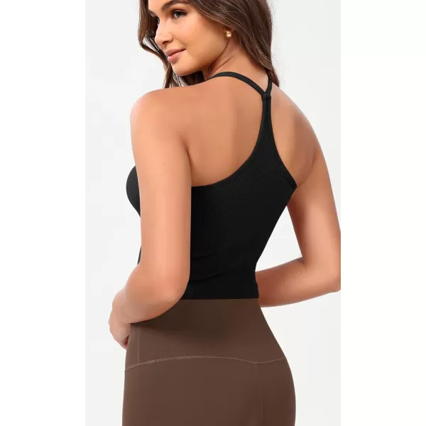 ODODOS Seamless Sweetheart Neck Crop Tank for Women Ribbed Strappy Racerback Cropped Cami TopsBlack