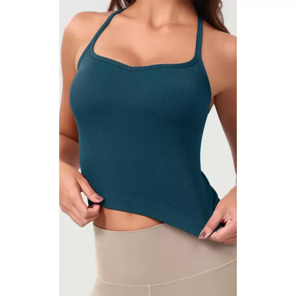 ODODOS Seamless Sweetheart Neck Crop Tank for Women Ribbed Strappy Racerback Cropped Cami TopsTeal