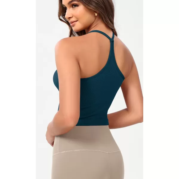 ODODOS Seamless Sweetheart Neck Crop Tank for Women Ribbed Strappy Racerback Cropped Cami TopsTeal