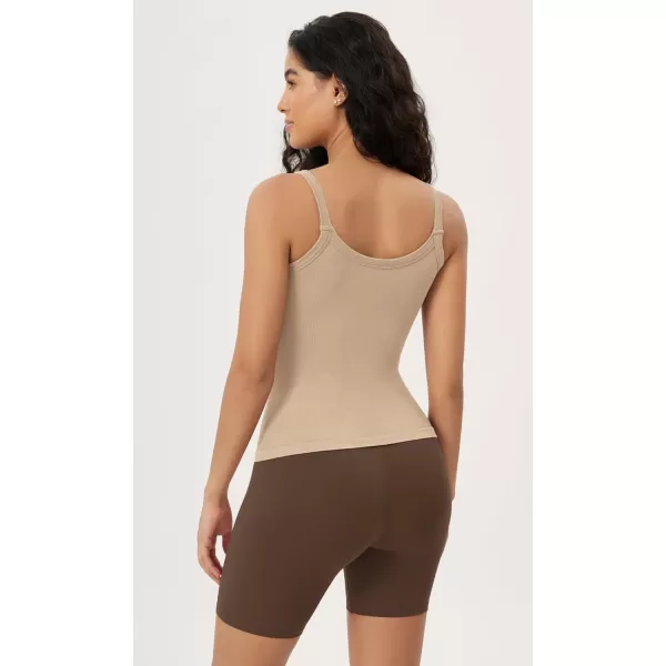 ODODOS Seamless Tank for Women Ribbed Strappy Sleeveless Shirts Scoop Neck Cami TopsBeige