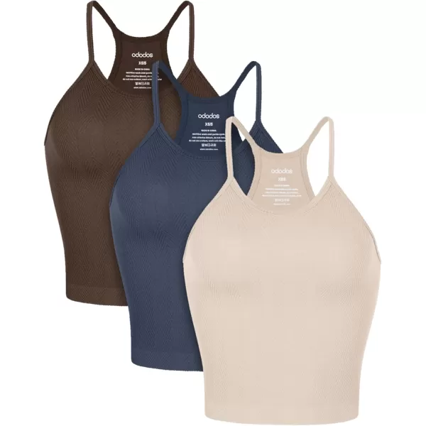 ODODOS Womens Crop 3Pack Herringbone Knit Seamless Soft Camisole Crop Tank TopsBrunettenavybeige