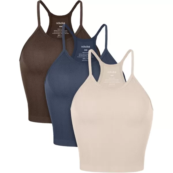 ODODOS Womens Crop 3Pack Herringbone Knit Seamless Soft Camisole Crop Tank TopsBrunettenavybeige