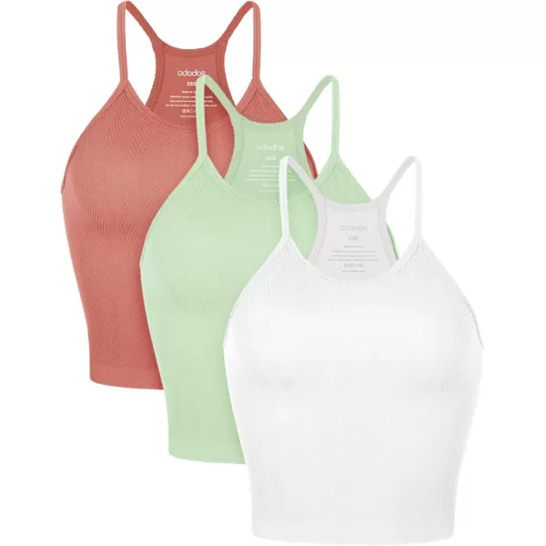 ODODOS Womens Crop 3Pack Herringbone Knit Seamless Soft Camisole Crop Tank TopsCoralmintwhite