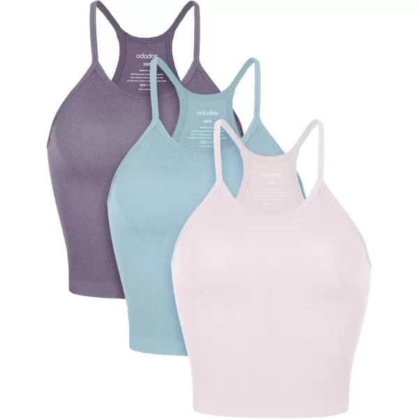 ODODOS Womens Crop 3Pack Herringbone Knit Seamless Soft Camisole Crop Tank TopsVioleticebergpink Lace