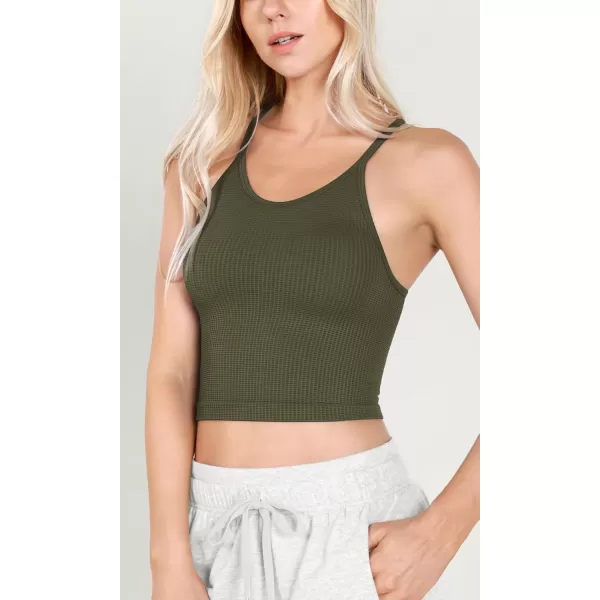 ODODOS Womens Crop 3Pack Waffle Knit Seamless Camisole Cropped Tank TopsArmy Greenoceanwoodrose