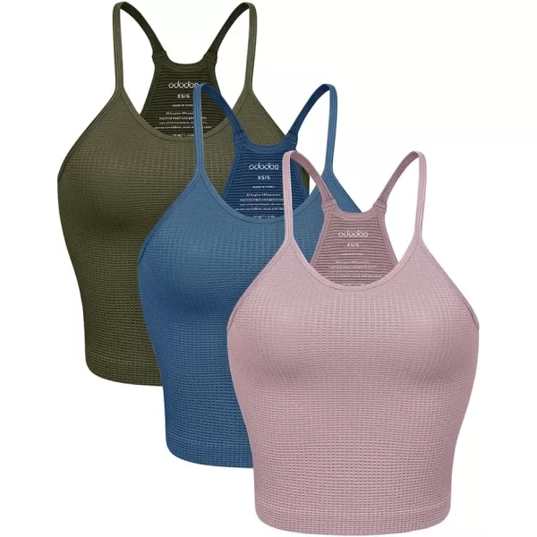 ODODOS Womens Crop 3Pack Waffle Knit Seamless Camisole Cropped Tank TopsArmy Greenoceanwoodrose