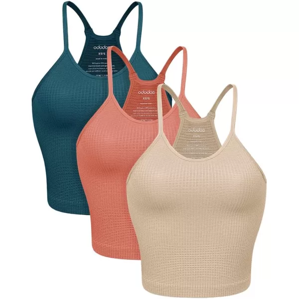 ODODOS Womens Crop 3Pack Waffle Knit Seamless Camisole Cropped Tank TopsBeigecoralteal