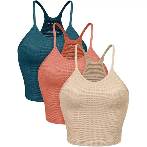 ODODOS Womens Crop 3Pack Waffle Knit Seamless Camisole Cropped Tank TopsBeigecoralteal