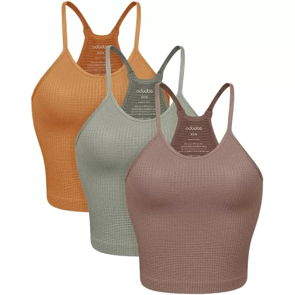 ODODOS Womens Crop 3Pack Waffle Knit Seamless Camisole Cropped Tank TopsClovegreen Milieuginger