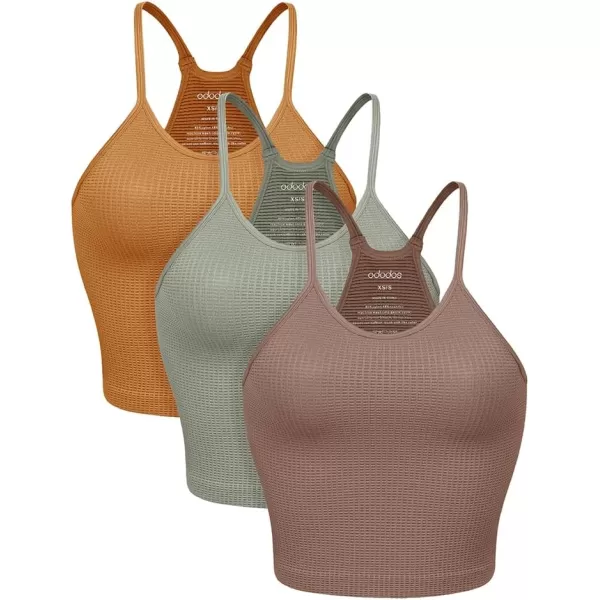 ODODOS Womens Crop 3Pack Waffle Knit Seamless Camisole Cropped Tank TopsClovegreen Milieuginger