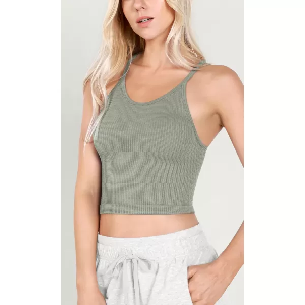 ODODOS Womens Crop 3Pack Waffle Knit Seamless Camisole Cropped Tank TopsClovegreen Milieuginger