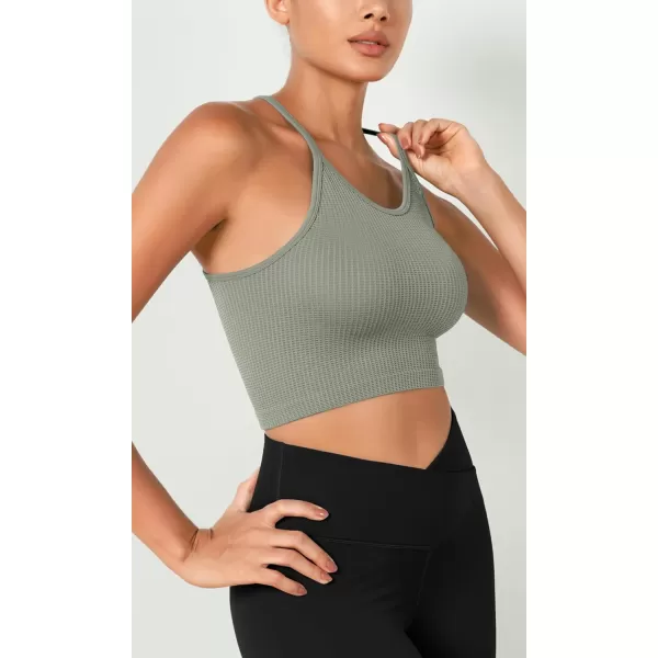 ODODOS Womens Crop 3Pack Waffle Knit Seamless Camisole Cropped Tank TopsClovegreen Milieuginger