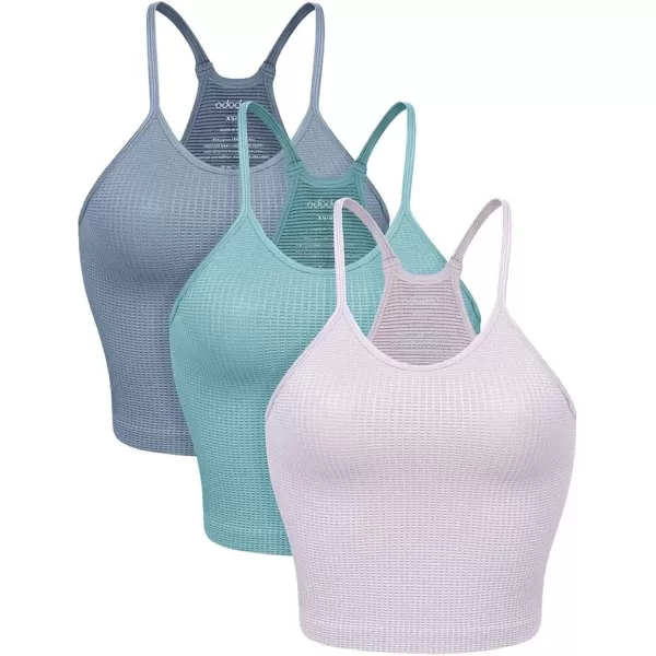 ODODOS Womens Crop 3Pack Waffle Knit Seamless Camisole Cropped Tank TopsLilacmilky Blueriver